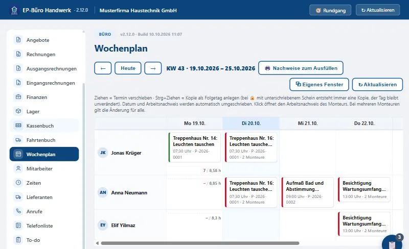 EP-Büro Handwerk: Wochenplan mit den Terminen je Monteur und Tag