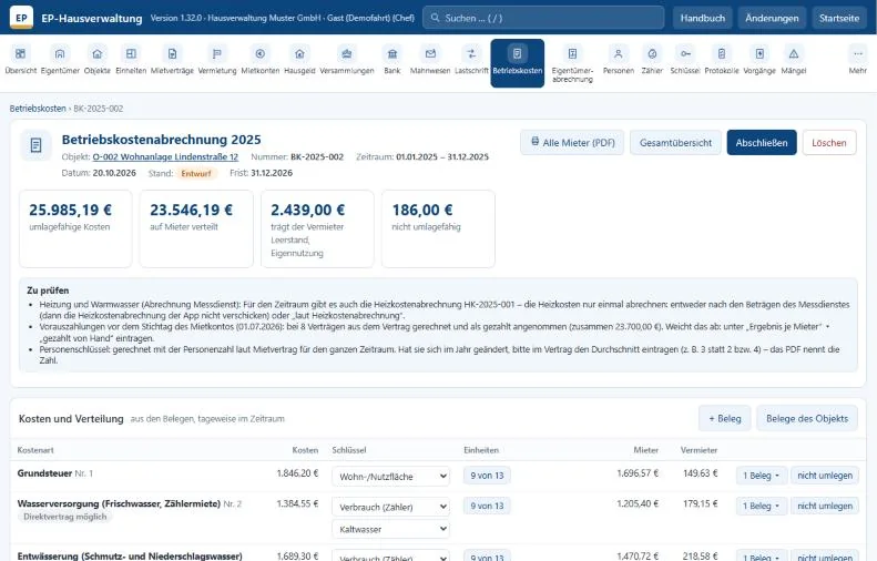 EP-Hausverwaltung: Betriebskostenabrechnung mit umlagefähigen Kosten, Verteilung nach Schlüssel und Prüfhinweisen