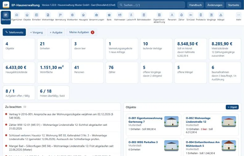 EP-Hausverwaltung: Übersicht mit Objekten, Einheiten, Leerstand, Mietrückständen, Hausgeld und offenen Fristen