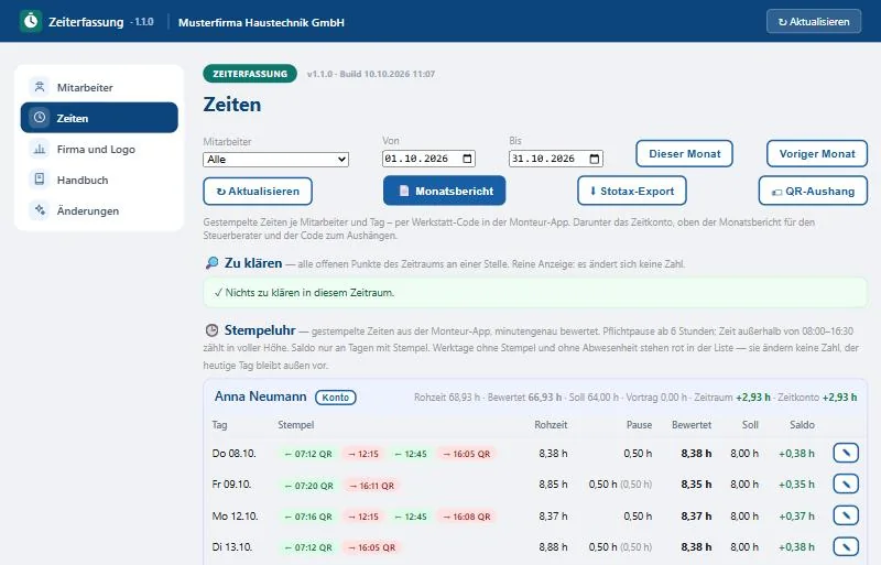 Zeiterfassung: Stempeluhr mit den per QR-Code gestempelten Zeiten, Pause, Soll und Saldo je Tag